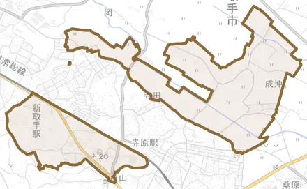 寺田とその周辺の地図。町の範囲を重ねている