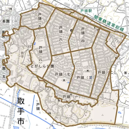 戸頭とその周辺の地図。町の範囲を重ねている