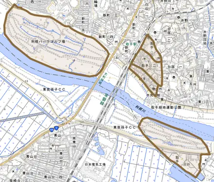取手とその周辺の地図。町の範囲を重ねている