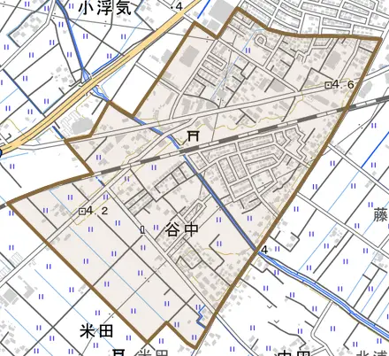 谷中とその周辺の地図。町の範囲を重ねている