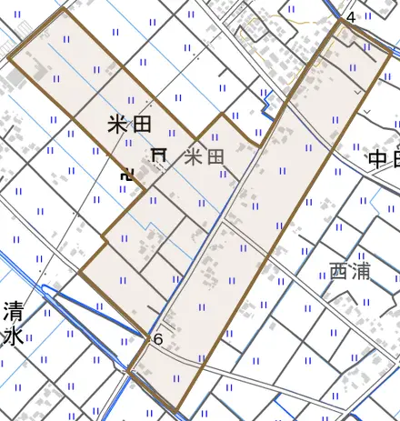 米田とその周辺の地図。町の範囲を重ねている