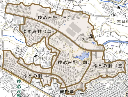 ゆめみ野とその周辺の地図。町の範囲を重ねている