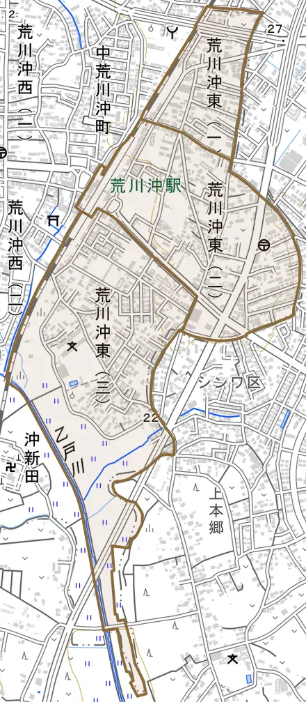 荒川沖東とその周辺の地図。町の範囲を重ねている