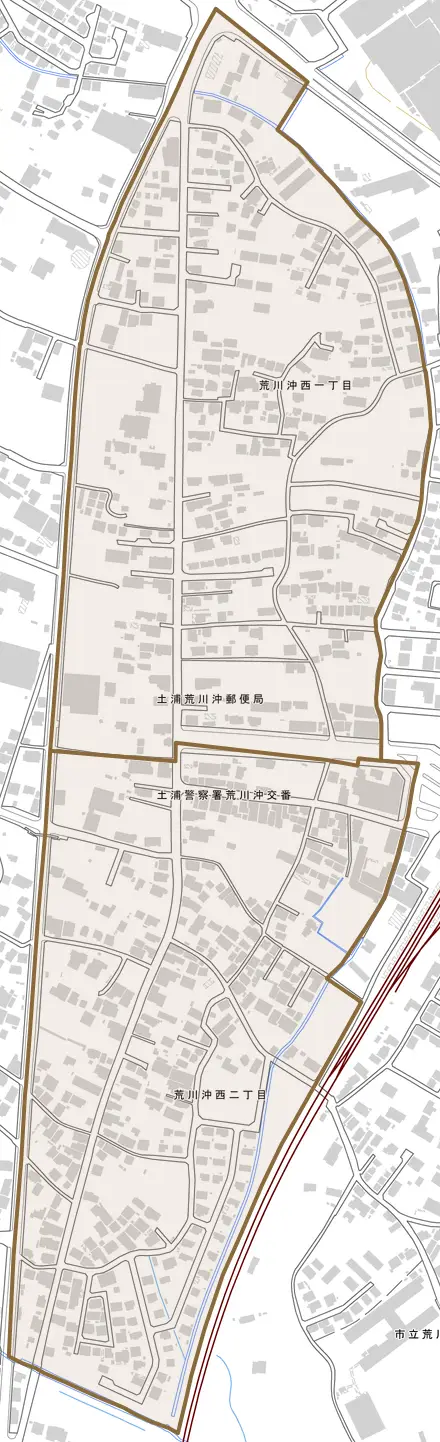 荒川沖西とその周辺の地図。町の範囲を重ねている