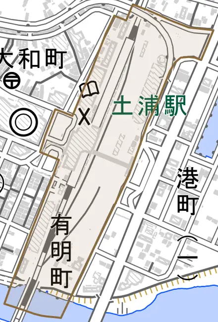 有明町とその周辺の地図。町の範囲を重ねている