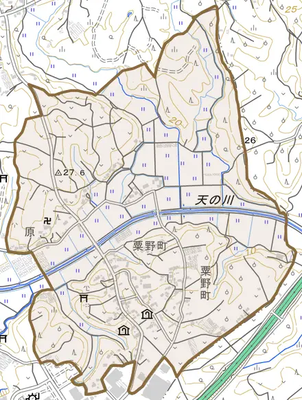 粟野町とその周辺の地図。町の範囲を重ねている