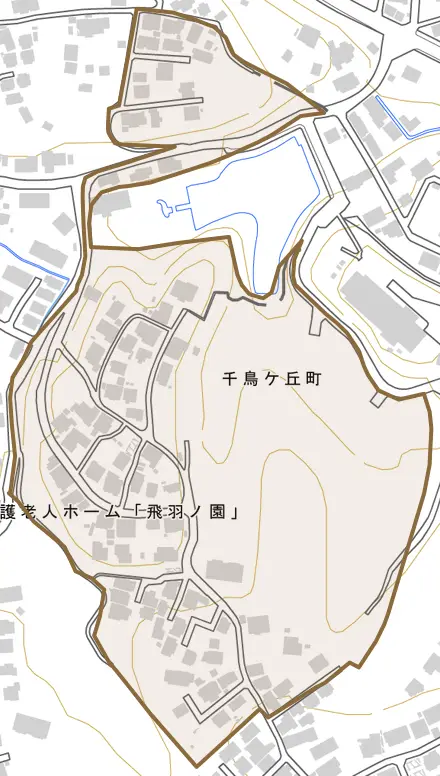 千鳥ケ丘町とその周辺の地図。町の範囲を重ねている