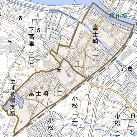 富士崎とその周辺の地図。町の範囲を重ねている