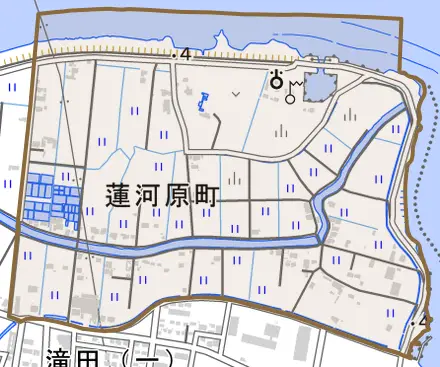 蓮河原町とその周辺の地図。町の範囲を重ねている