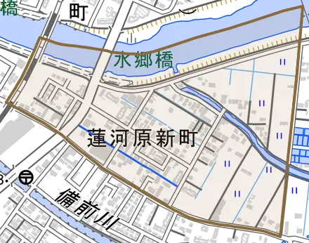 蓮河原新町とその周辺の地図。町の範囲を重ねている