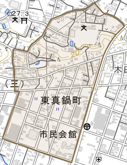 東真鍋町とその周辺の地図。町の範囲を重ねている