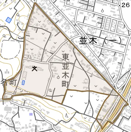 東並木町とその周辺の地図。町の範囲を重ねている