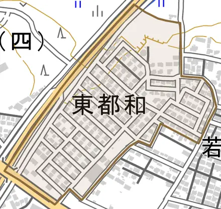 東都和とその周辺の地図。町の範囲を重ねている