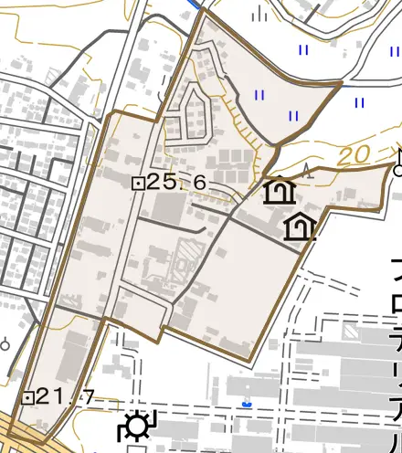 東若松町とその周辺の地図。町の範囲を重ねている