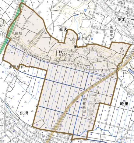 常名とその周辺の地図。町の範囲を重ねている