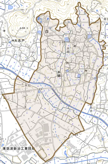 本郷とその周辺の地図。町の範囲を重ねている
