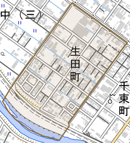 生田町とその周辺の地図。町の範囲を重ねている