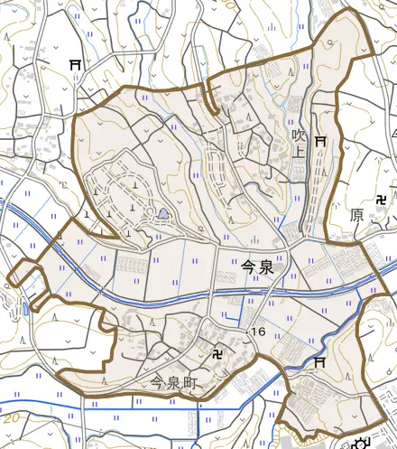 今泉とその周辺の地図。町の範囲を重ねている
