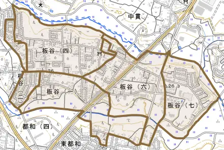 板谷とその周辺の地図。町の範囲を重ねている