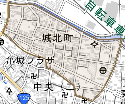 城北町とその周辺の地図。町の範囲を重ねている