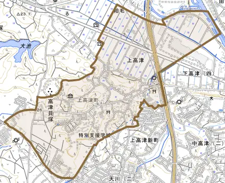 上高津とその周辺の地図。町の範囲を重ねている