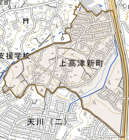 上高津新町とその周辺の地図。町の範囲を重ねている