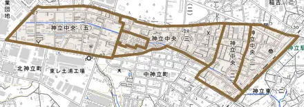 神立中央とその周辺の地図。町の範囲を重ねている