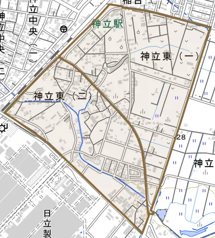 神立東とその周辺の地図。町の範囲を重ねている