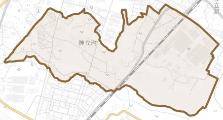 神立町とその周辺の地図。町の範囲を重ねている