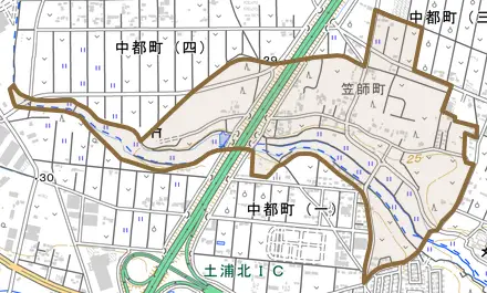 笠師町とその周辺の地図。町の範囲を重ねている