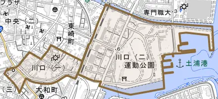 川口とその周辺の地図。町の範囲を重ねている