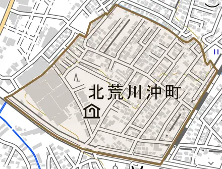 北荒川沖町とその周辺の地図。町の範囲を重ねている