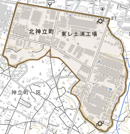 北神立町とその周辺の地図。町の範囲を重ねている