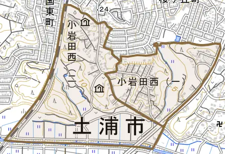 小岩田西とその周辺の地図。町の範囲を重ねている