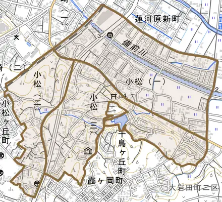 小松とその周辺の地図。町の範囲を重ねている
