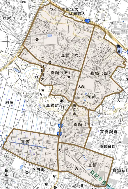真鍋とその周辺の地図。町の範囲を重ねている