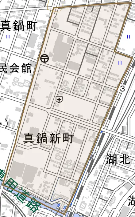 真鍋新町とその周辺の地図。町の範囲を重ねている