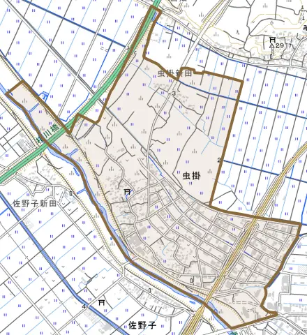 虫掛とその周辺の地図。町の範囲を重ねている
