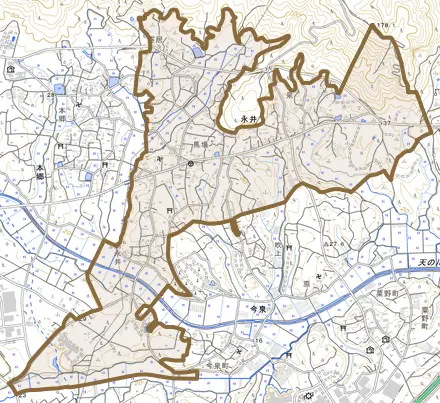 永井とその周辺の地図。町の範囲を重ねている