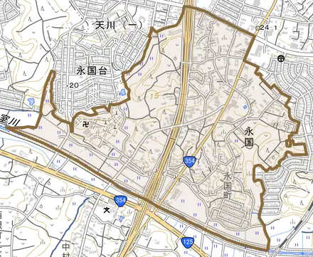 永国とその周辺の地図。町の範囲を重ねている