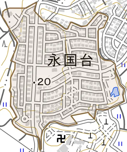 永国台とその周辺の地図。町の範囲を重ねている