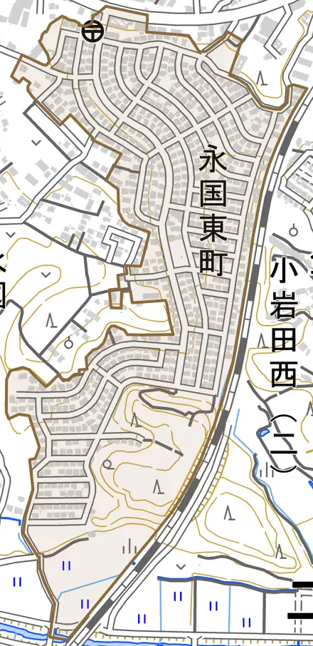 永国東町とその周辺の地図。町の範囲を重ねている