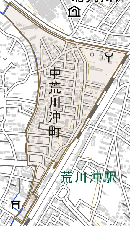 中荒川沖町とその周辺の地図。町の範囲を重ねている