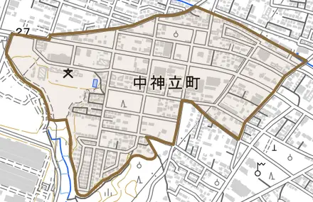 中神立町とその周辺の地図。町の範囲を重ねている