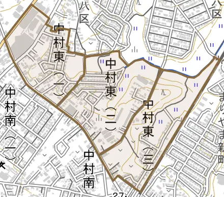 中村東とその周辺の地図。町の範囲を重ねている