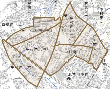 中村南とその周辺の地図。町の範囲を重ねている