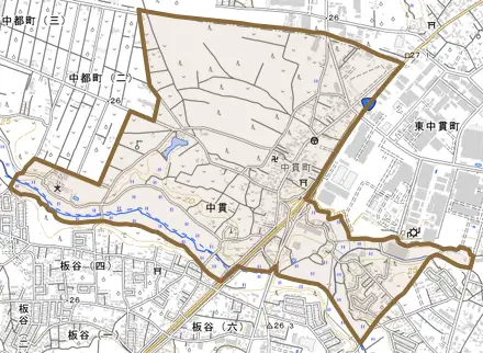 中貫とその周辺の地図。町の範囲を重ねている