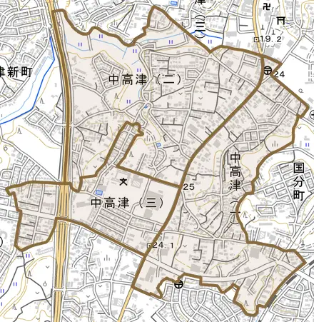 中高津とその周辺の地図。町の範囲を重ねている