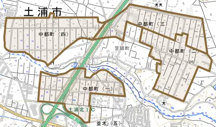 中都町とその周辺の地図。町の範囲を重ねている