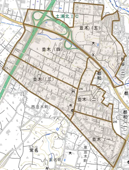 並木とその周辺の地図。町の範囲を重ねている